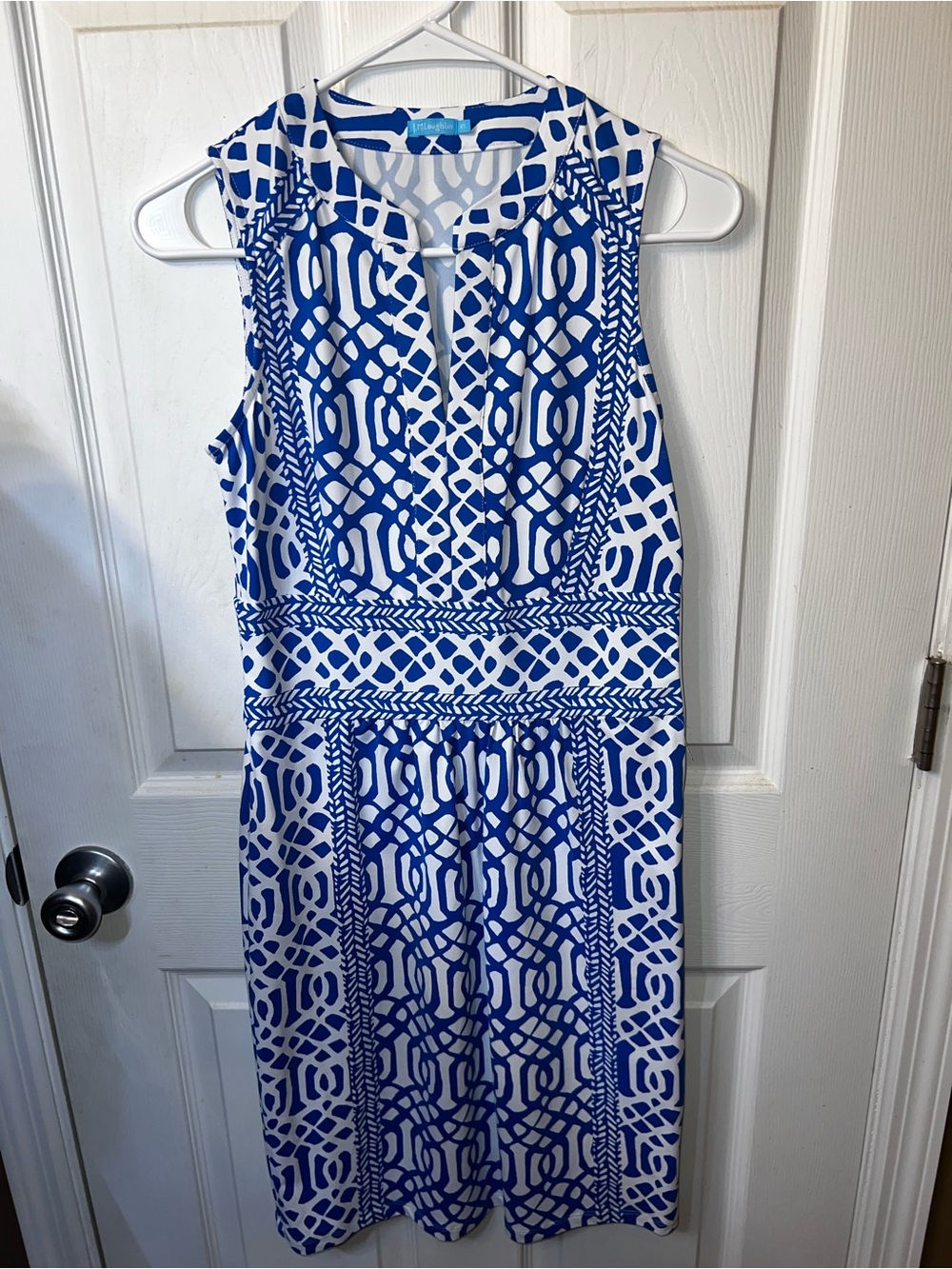 J.MCLAUGHLIN Blue White Catalina Cloth Geometric Lattice Shift Dress XS